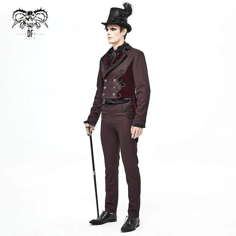 Men's Gothic Double-breasted Jacquard Swallow-tailed Suit Coat Dark Red - Image 3