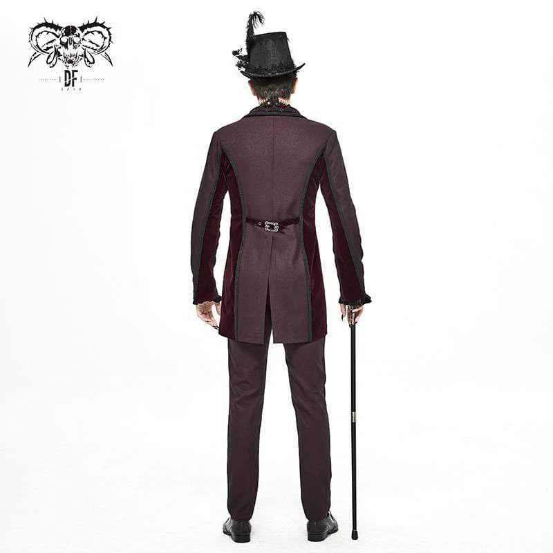 Men's Gothic Double-breasted Jacquard Swallow-tailed Suit Coat Dark Red - Image 4