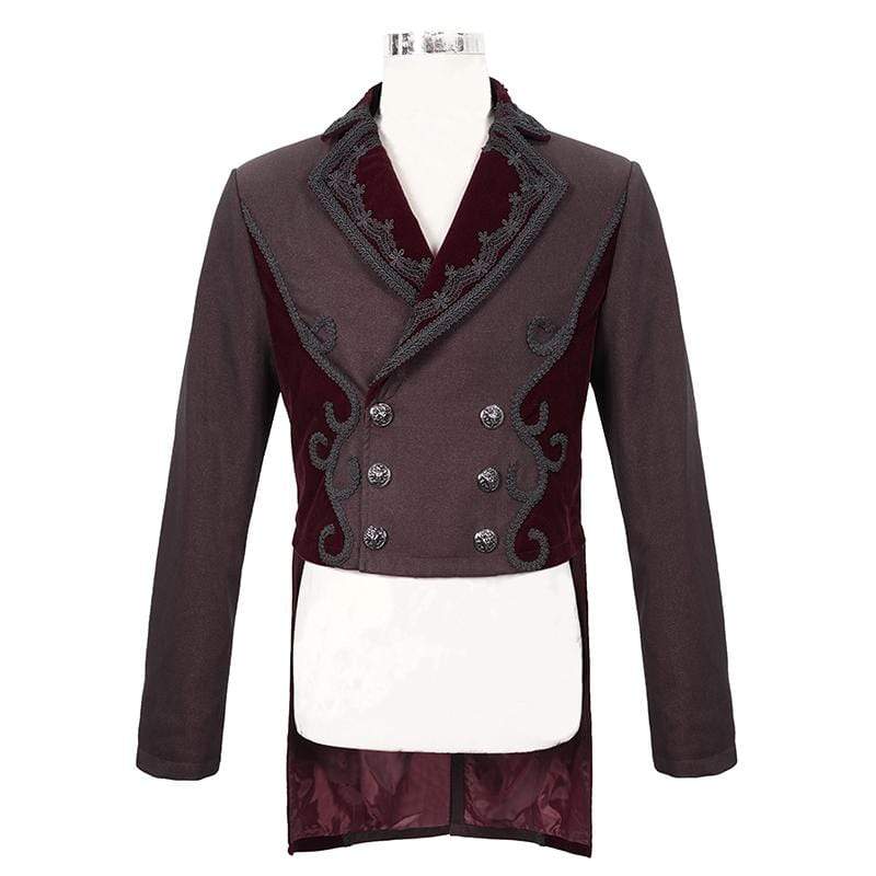 Men's Gothic Double-breasted Jacquard Swallow-tailed Suit Coat Dark Red - Image 5