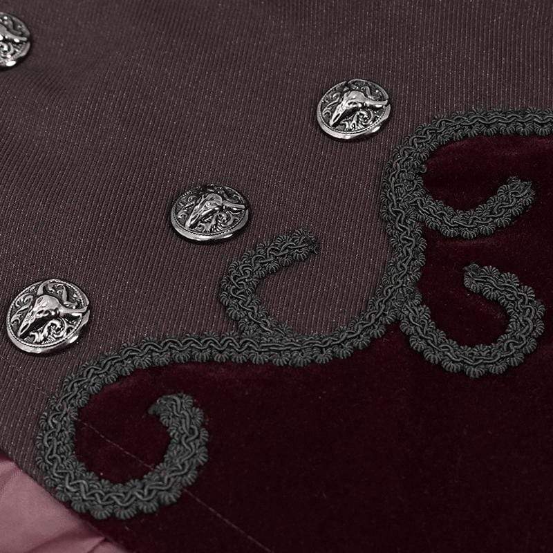 Men's Gothic Double-breasted Jacquard Swallow-tailed Suit Coat Dark Red - Image 7