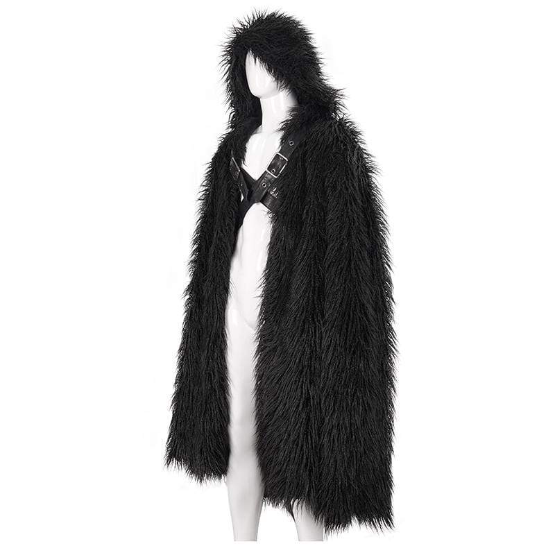 Men's Gothic Faux Fur Buckle Coat with Hood - Image 7