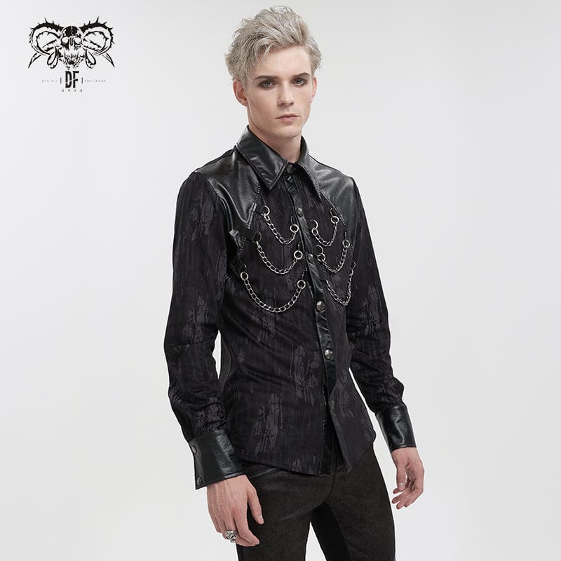 Men's Gothic Faux Leather Splice Chain Shirt - Image 3