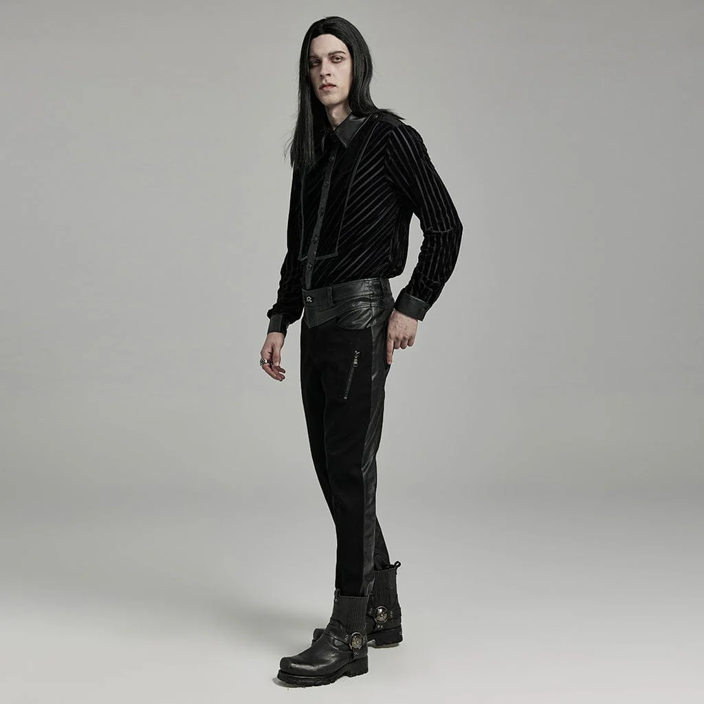 Men's Gothic Faux Leather Splice Striped Velvet Shirt - Image 4