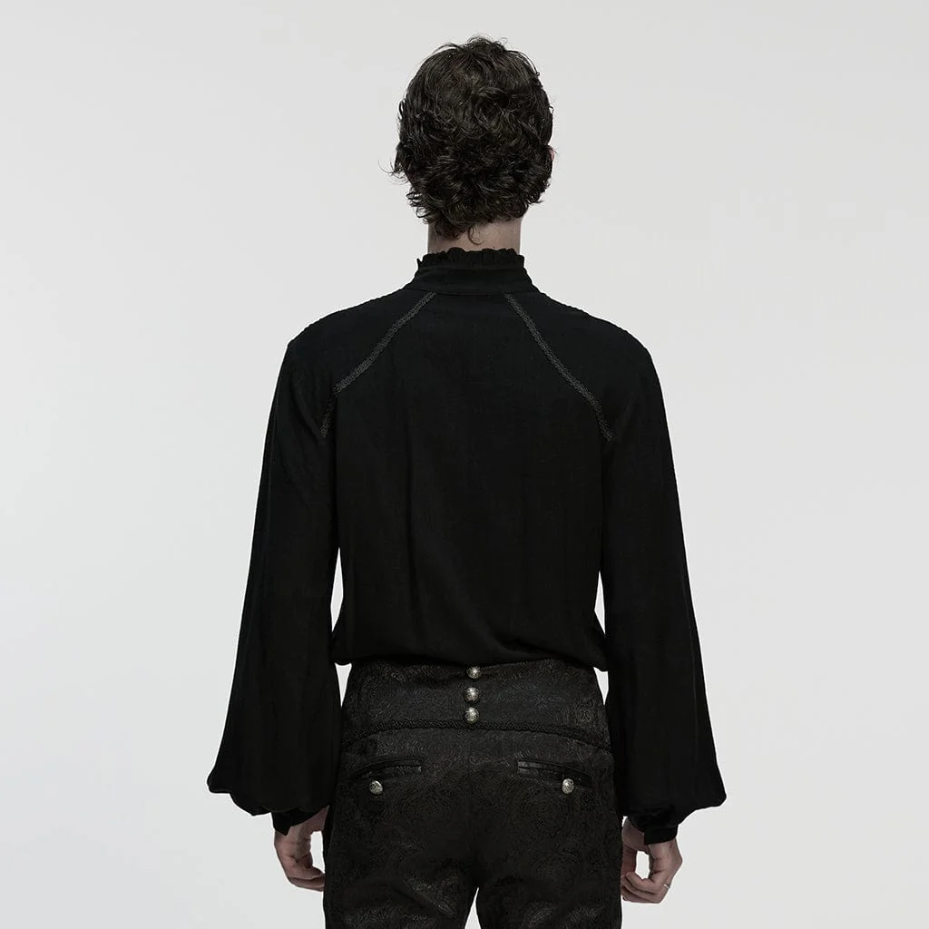 Men's Gothic Floral Decal Stand Collar Lantern Sleeved Shirt Black - Image 3