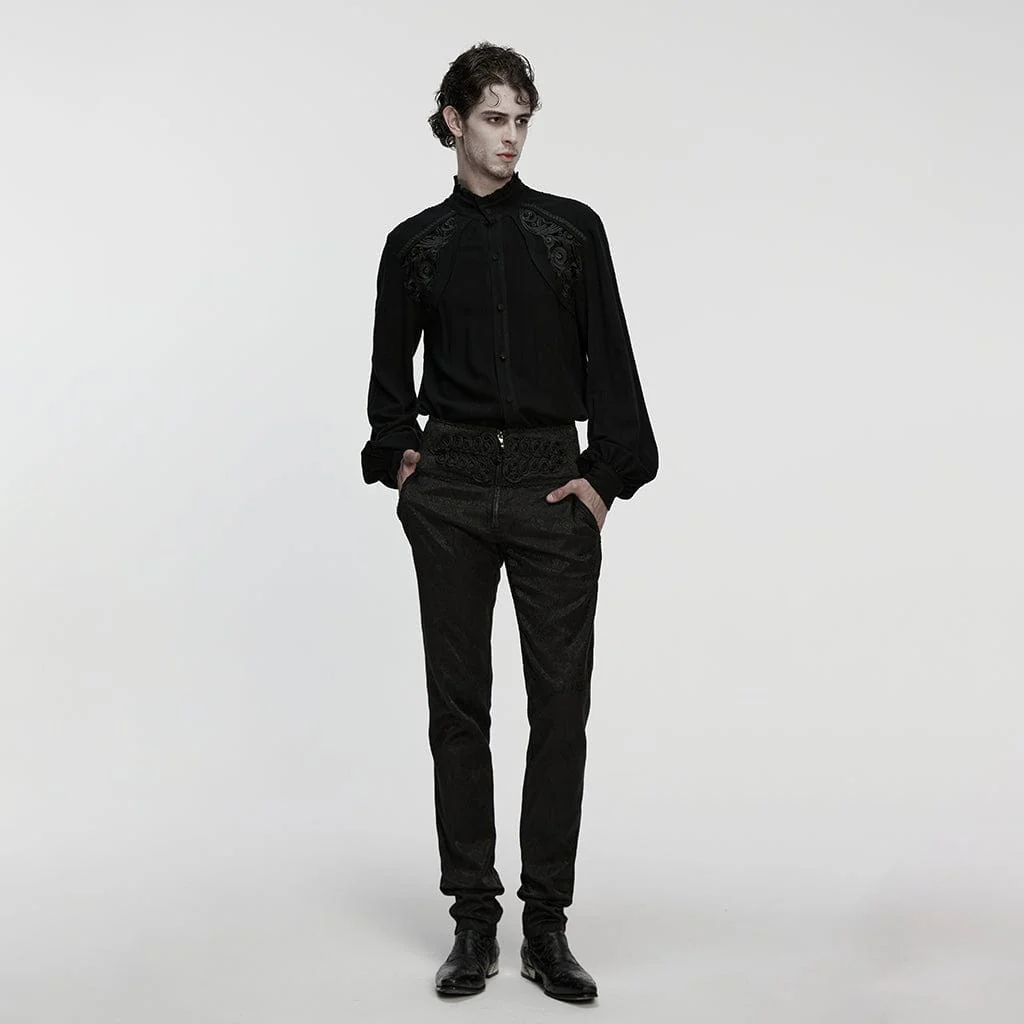 Men's Gothic Floral Decal Stand Collar Lantern Sleeved Shirt Black - Image 4