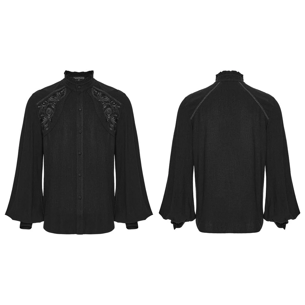 Men's Gothic Floral Decal Stand Collar Lantern Sleeved Shirt Black - Image 5
