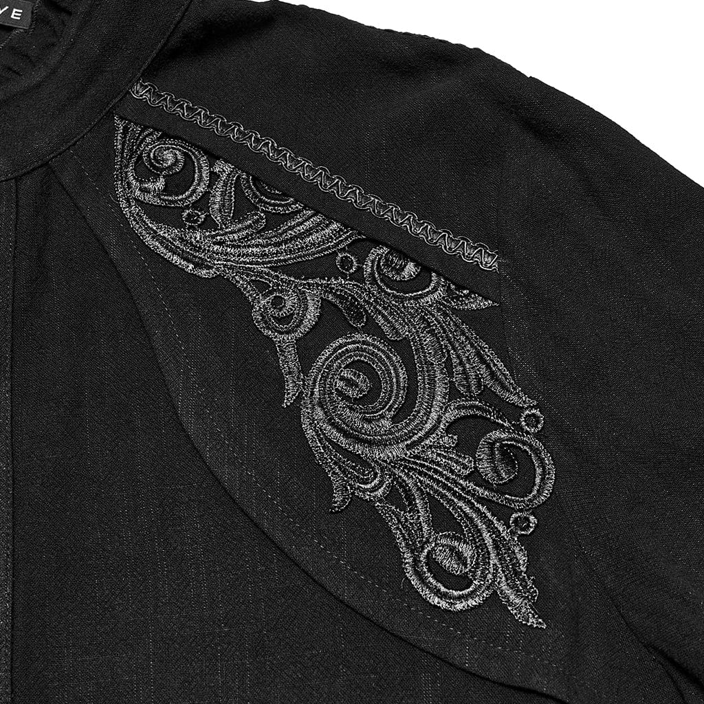 Men's Gothic Floral Decal Stand Collar Lantern Sleeved Shirt Black - Image 6