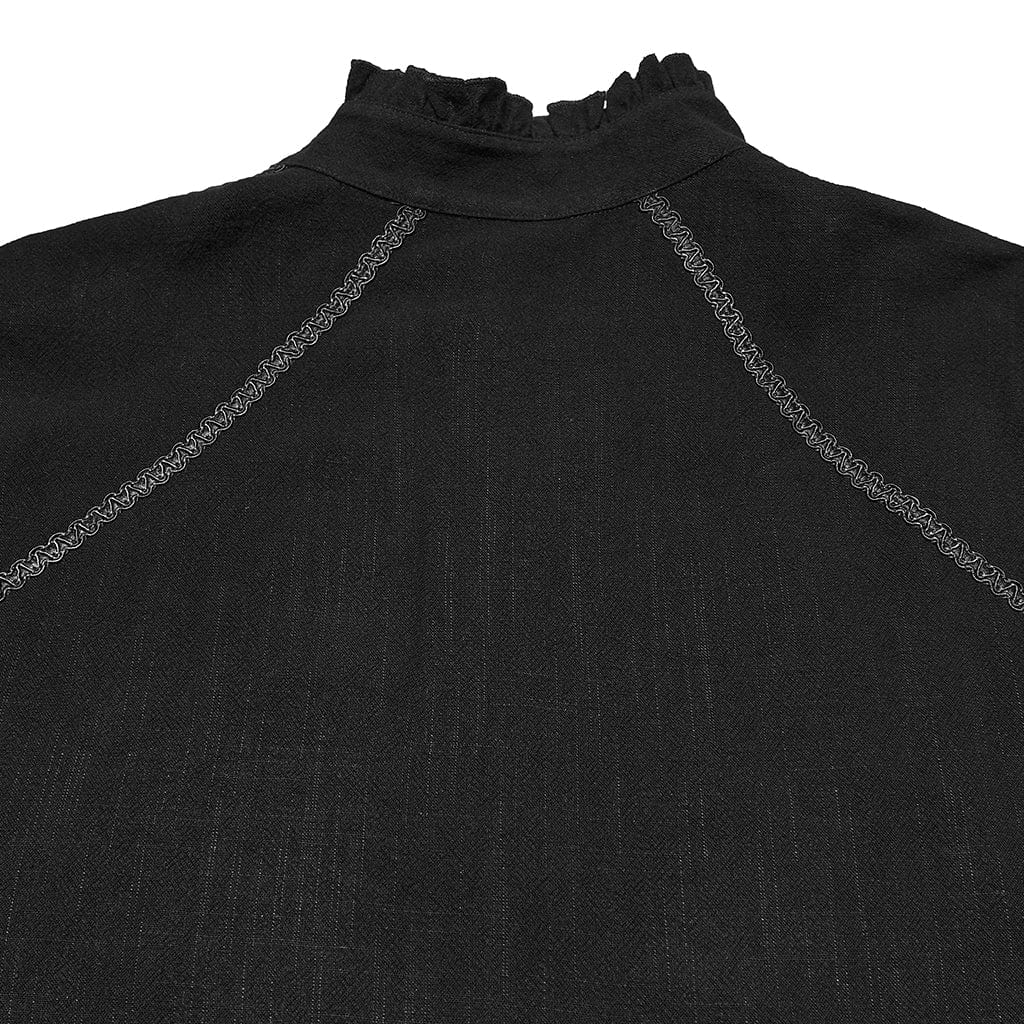 Men's Gothic Floral Decal Stand Collar Lantern Sleeved Shirt Black - Image 8