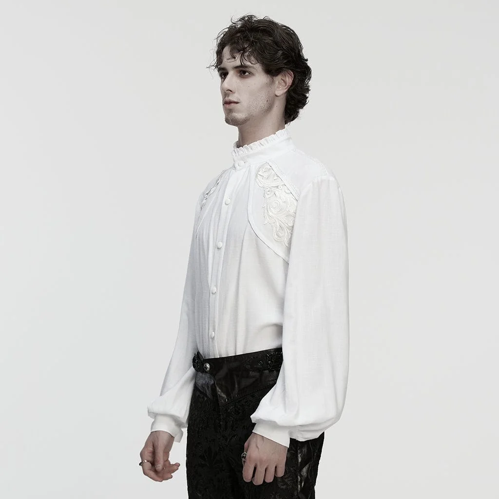 Men's Gothic Floral Decal Stand Collar Lantern Sleeved Shirt White - Image 2