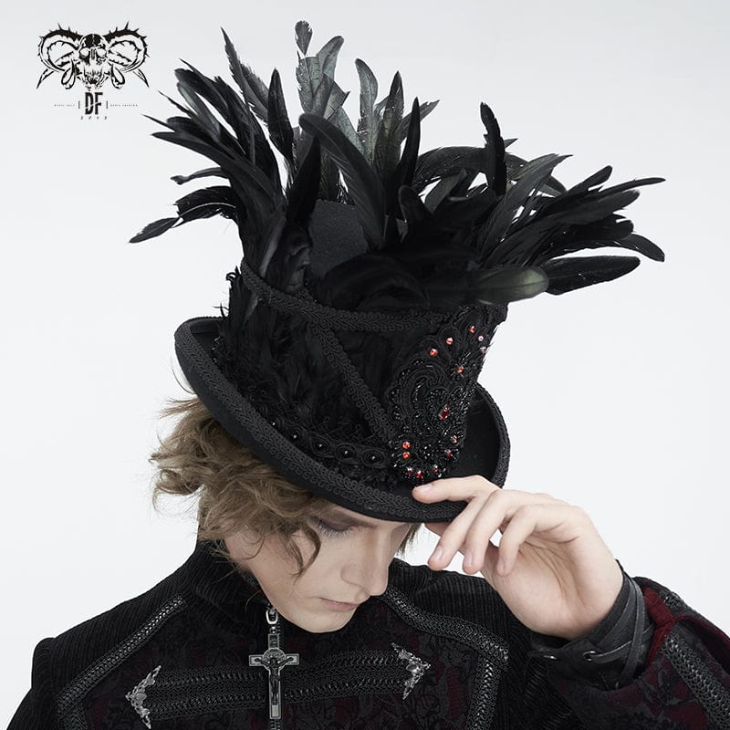 Men's Gothic Floral Embroidered Feather Top Hat - Image 2