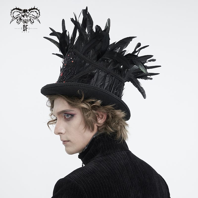 Men's Gothic Floral Embroidered Feather Top Hat - Image 3