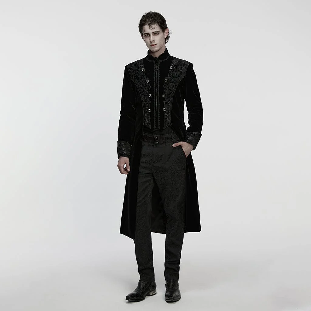 Men's Gothic Floral Jacquard Bouble-breasted Zip Coat Black - Image 4