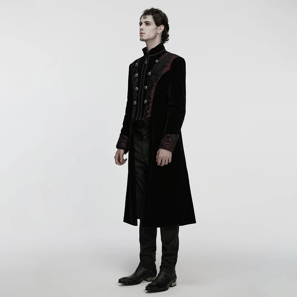 Men's Gothic Floral Jacquard Bouble-breasted Zip Coat Black-Red - Image 2