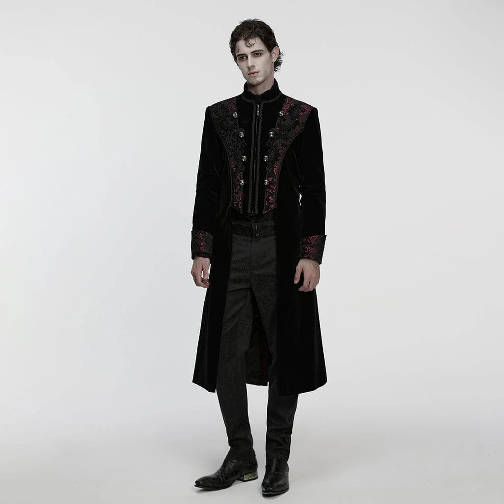Men's Gothic Floral Jacquard Bouble-breasted Zip Coat Black-Red - Image 4