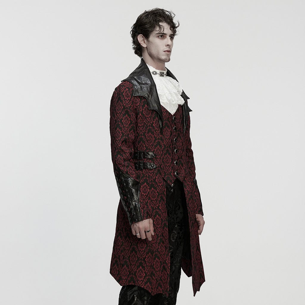 Men's Gothic Floral Jacquard Turn-down Bat Collar Coat Black-Red - Image 2