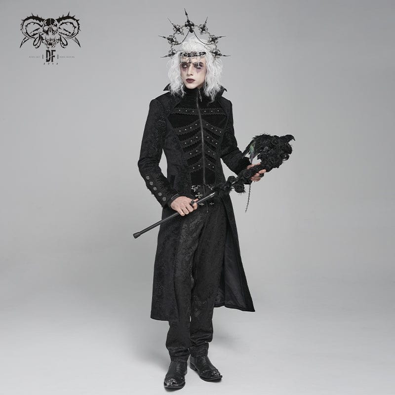 Men's Gothic Floral Printed Diamante Stand Collar Coat Black - Image 4
