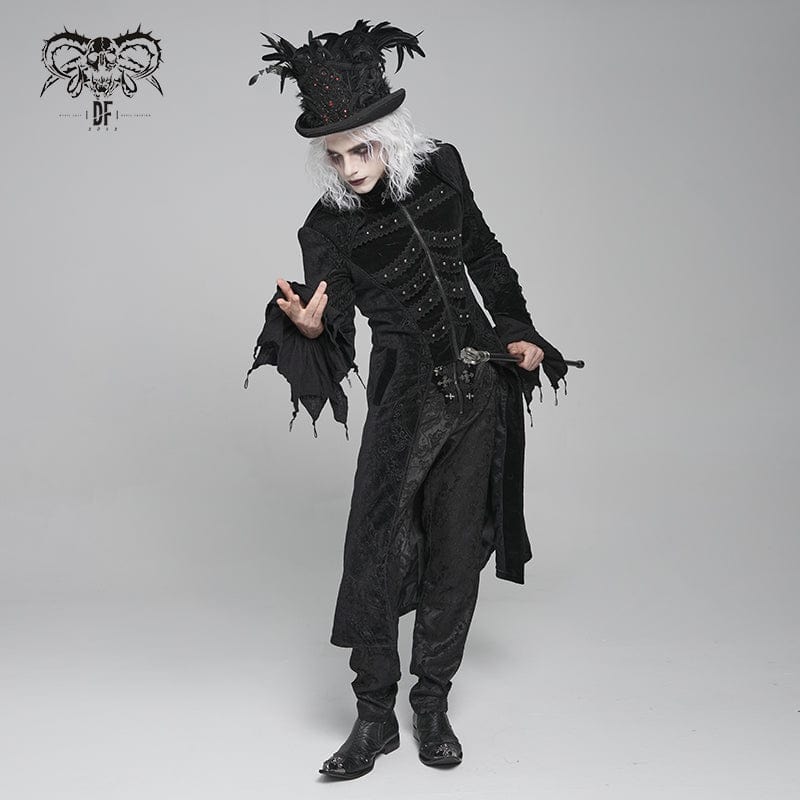 Men's Gothic Floral Printed Diamante Stand Collar Coat Black - Image 5