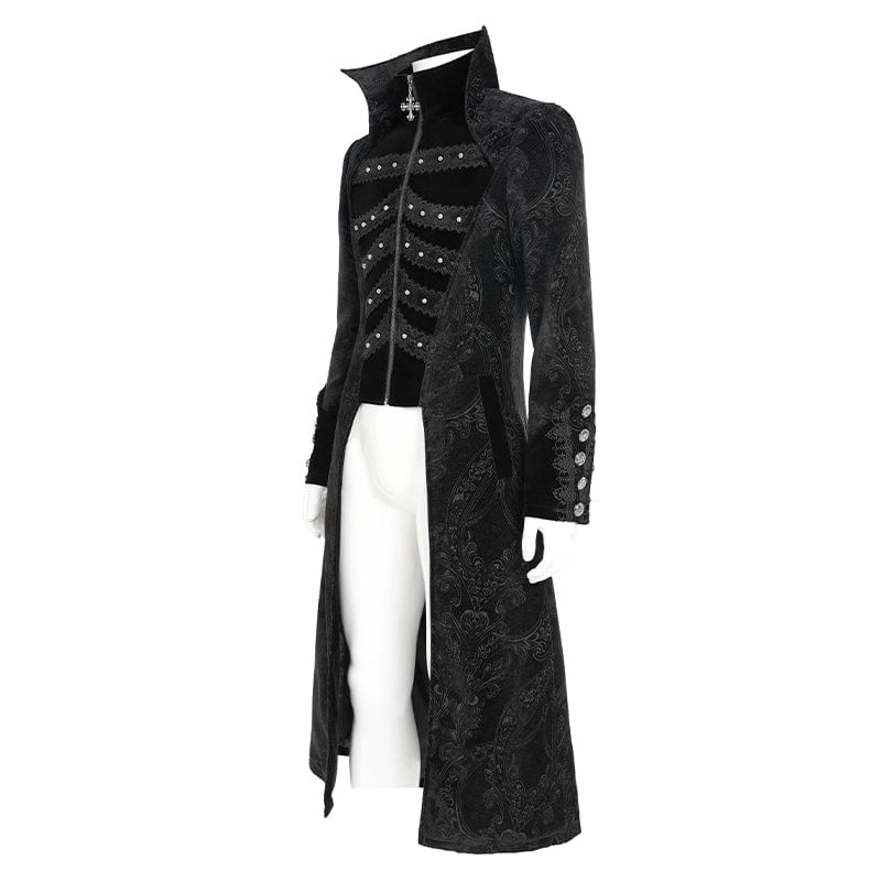 Men's Gothic Floral Printed Diamante Stand Collar Coat Black - Image 7