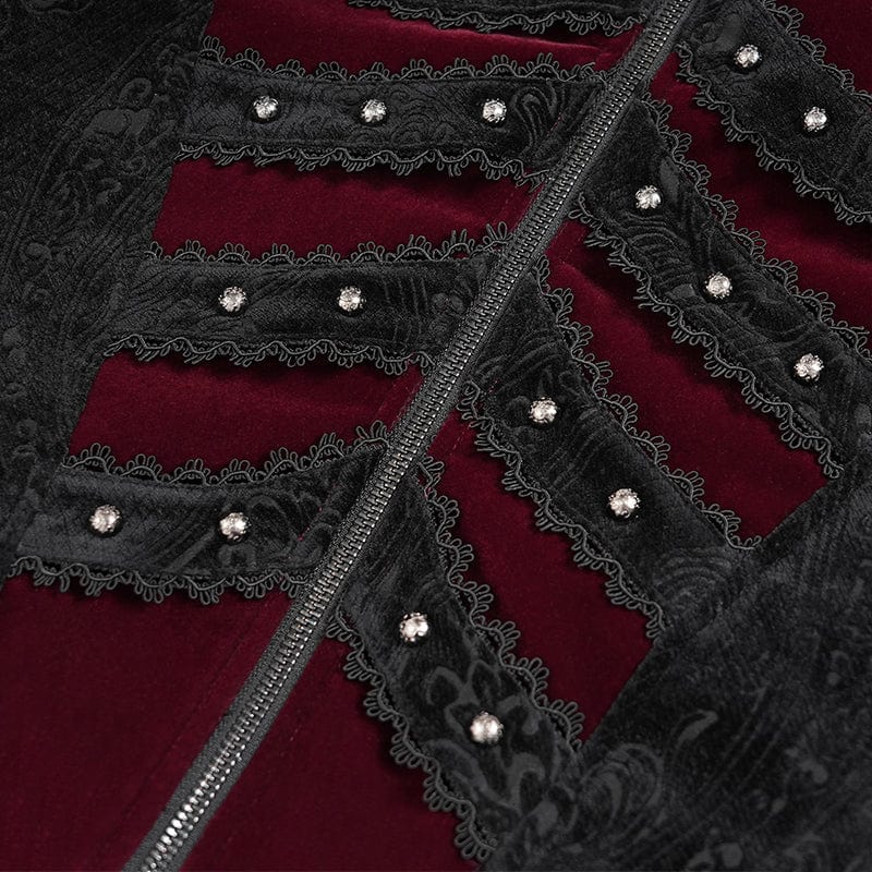 Men's Gothic Floral Printed Diamante Stand Collar Coat Red - Image 10