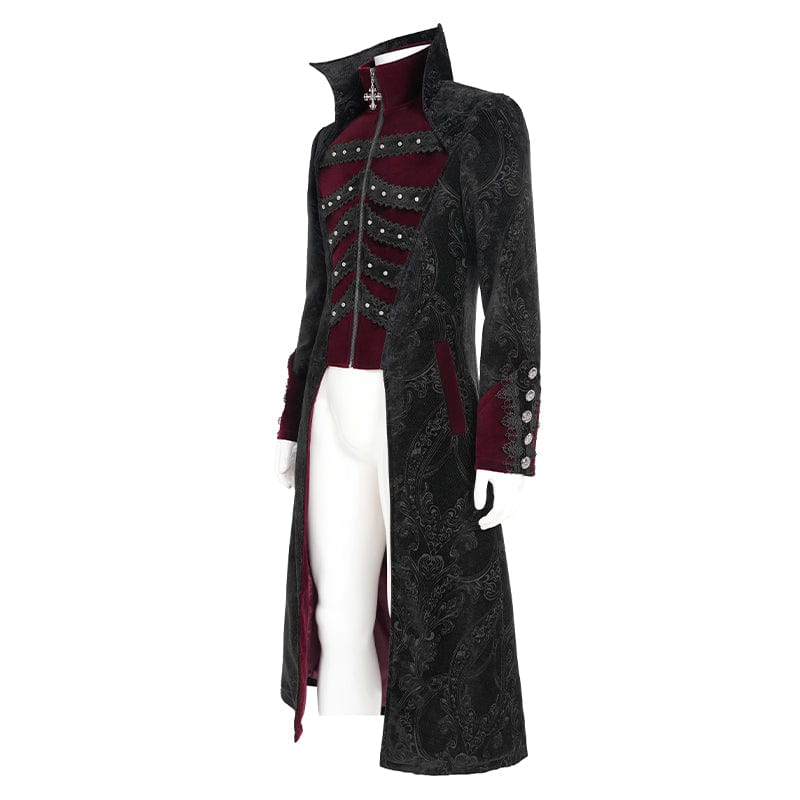 Men's Gothic Floral Printed Diamante Stand Collar Coat Red - Image 8