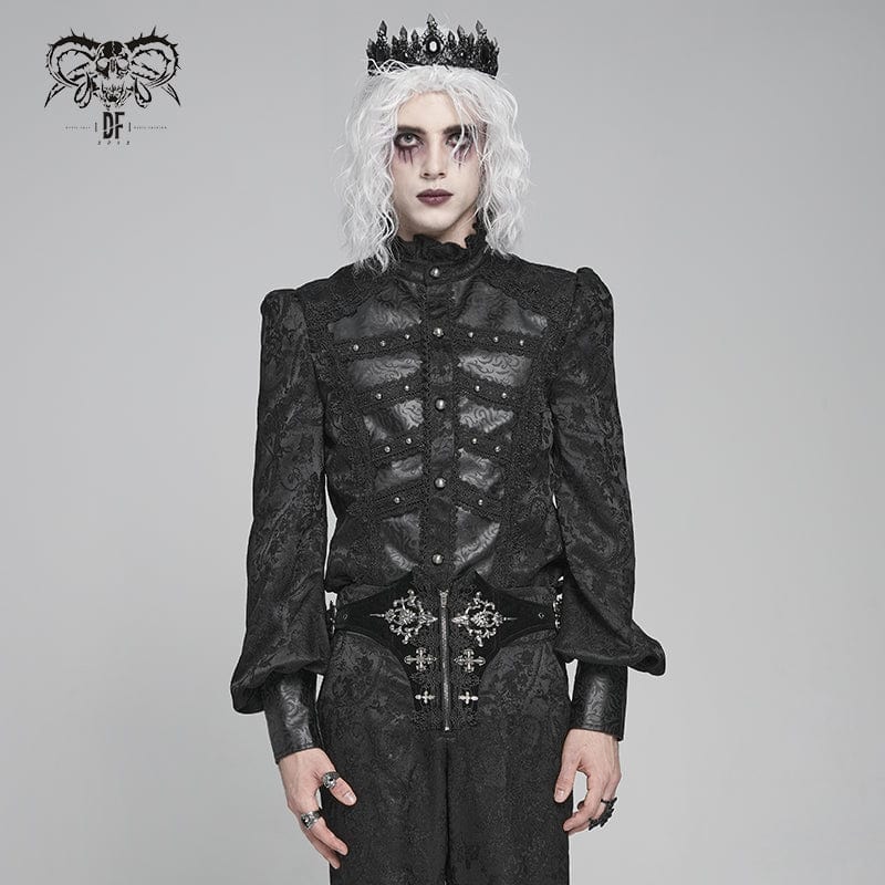 Men's Gothic Floral Printed Stand Collar Lantern Sleeved Shirt Black