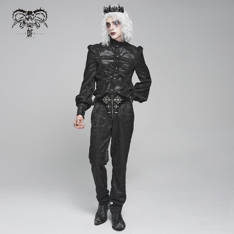 Men's Gothic Floral Printed Stand Collar Lantern Sleeved Shirt Black - Image 6