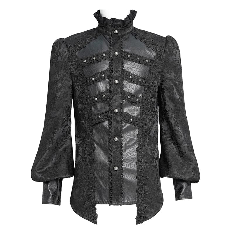 Men's Gothic Floral Printed Stand Collar Lantern Sleeved Shirt Black - Image 7