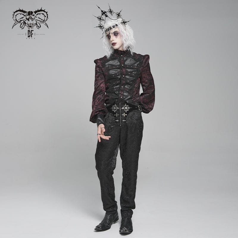 Men's Gothic Floral Printed Stand Collar Lantern Sleeved Shirt Black-Red - Image 6
