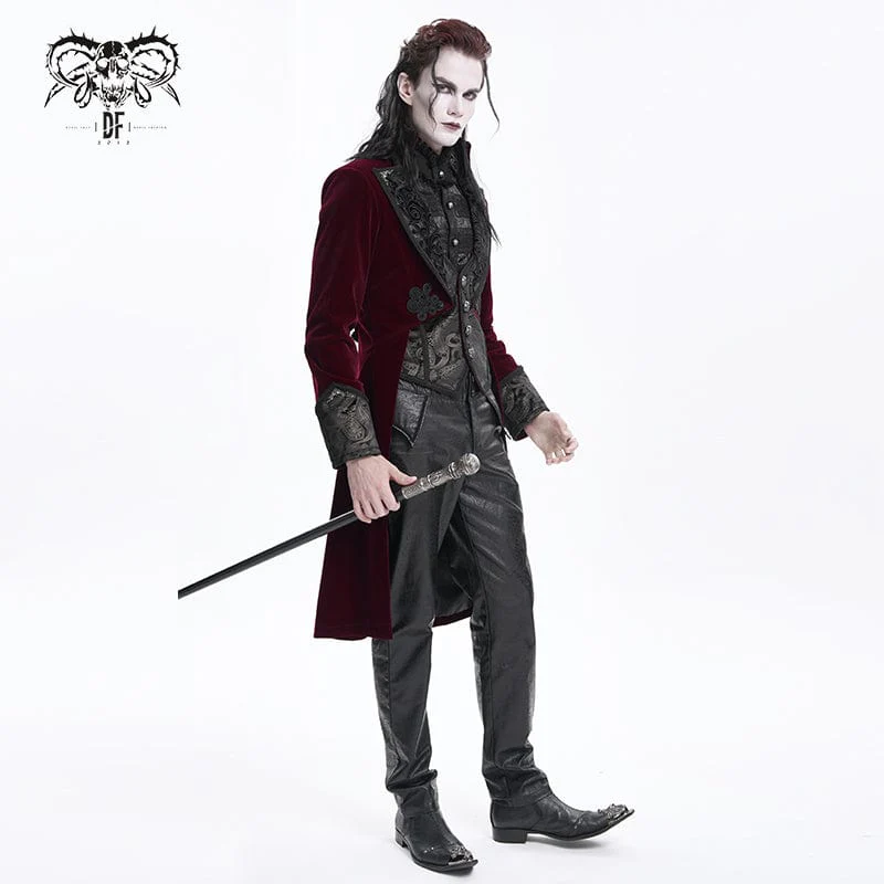 Men's Gothic Floral Velvet Jacket Wine Red - Image 3