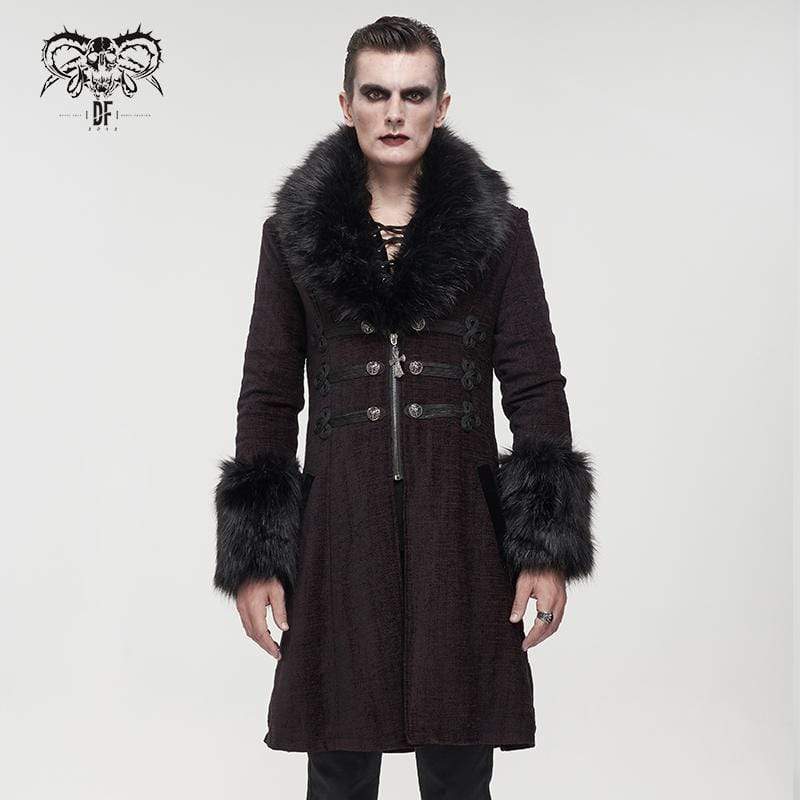 Men's Gothic Floral Zipper Red Coat with Detachable Faux Fur - Image 2