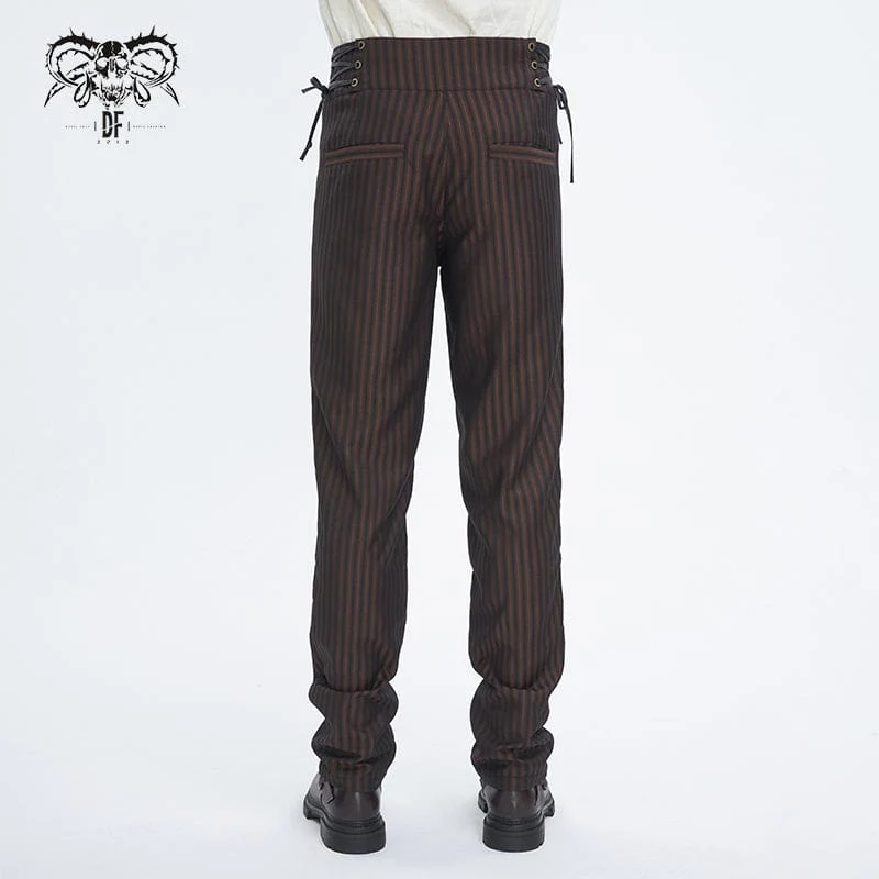 Men's Gothic High-waisted Lace-up Striped Coffee Pants - Image 3