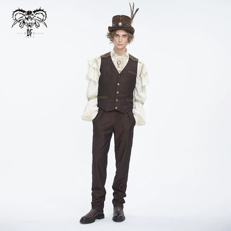 Men's Gothic High-waisted Lace-up Striped Coffee Pants - Image 6