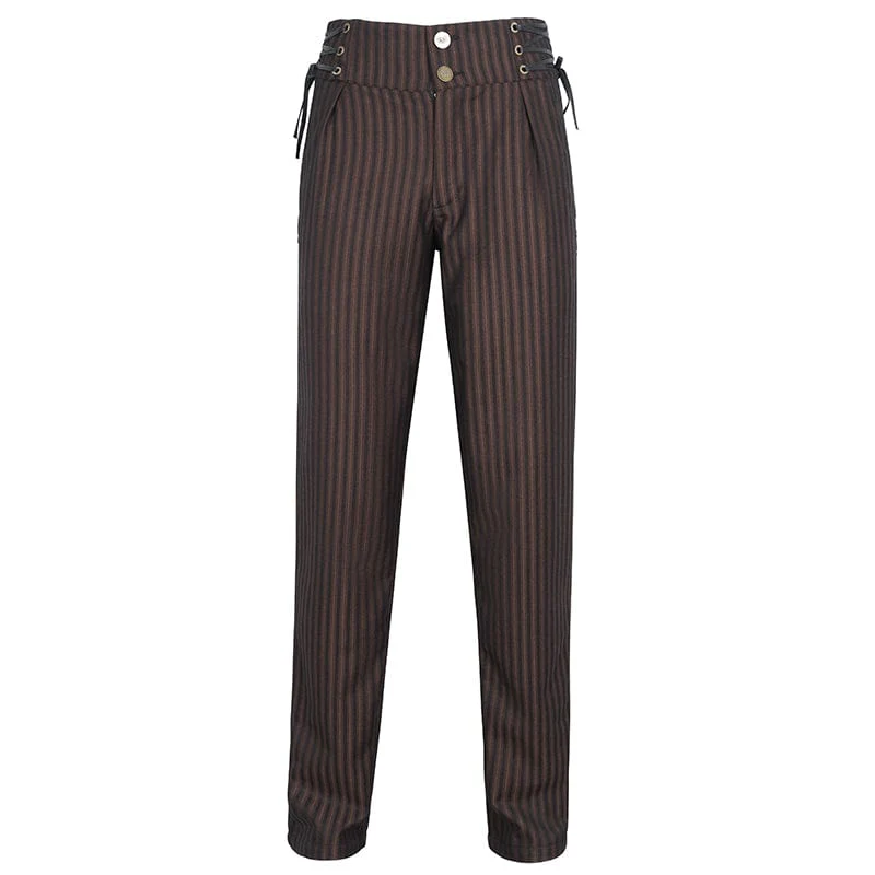 Men's Gothic High-waisted Lace-up Striped Coffee Pants - Image 8