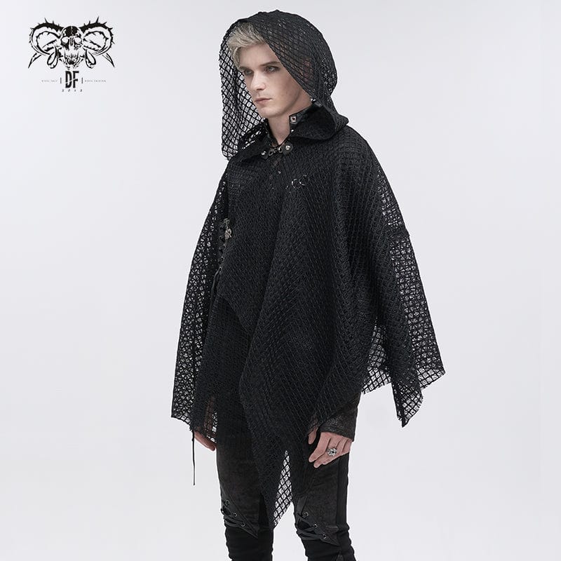 Men's Gothic Irregular Mesh Cloak with Hood - Image 3