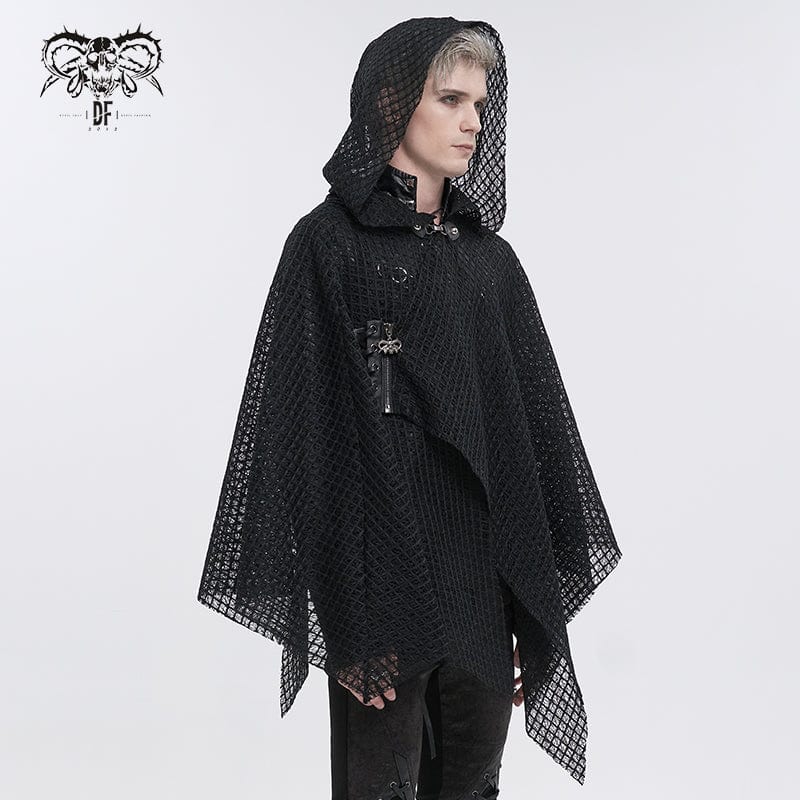 Men's Gothic Irregular Mesh Cloak with Hood - Image 4