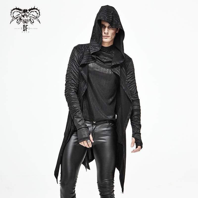 Men's Gothic Irregular Ruched Black Long Jacket with Hood - Image 2