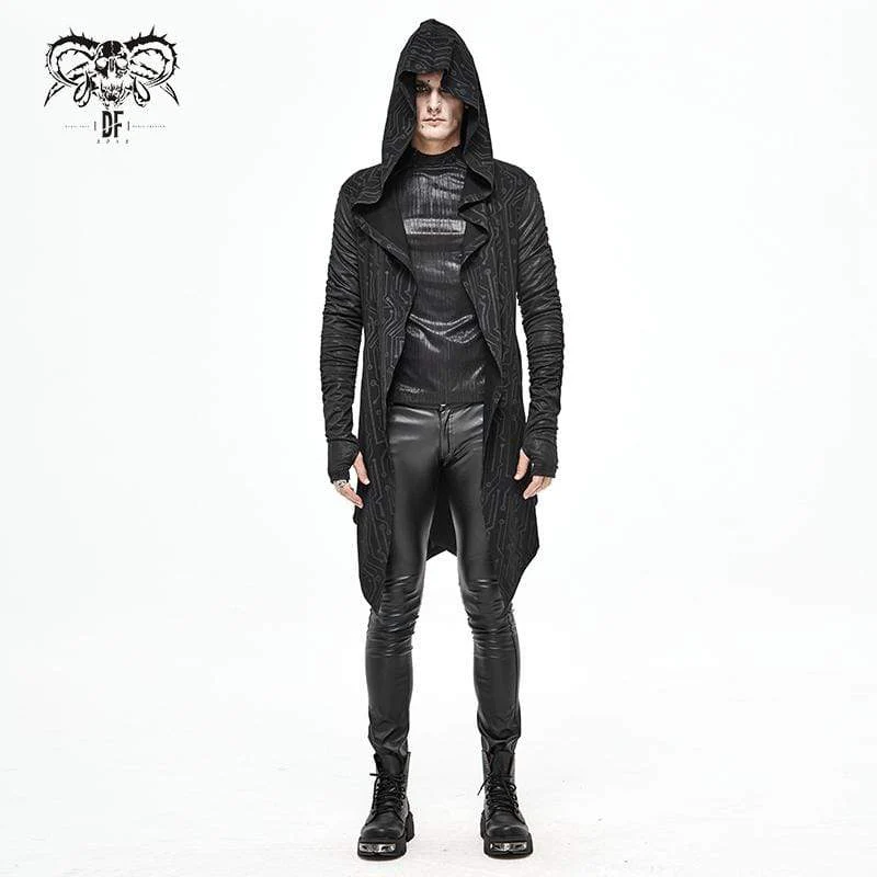 Men's Gothic Irregular Ruched Black Long Jacket with Hood - Image 3