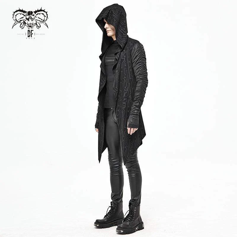 Men's Gothic Irregular Ruched Black Long Jacket with Hood - Image 4
