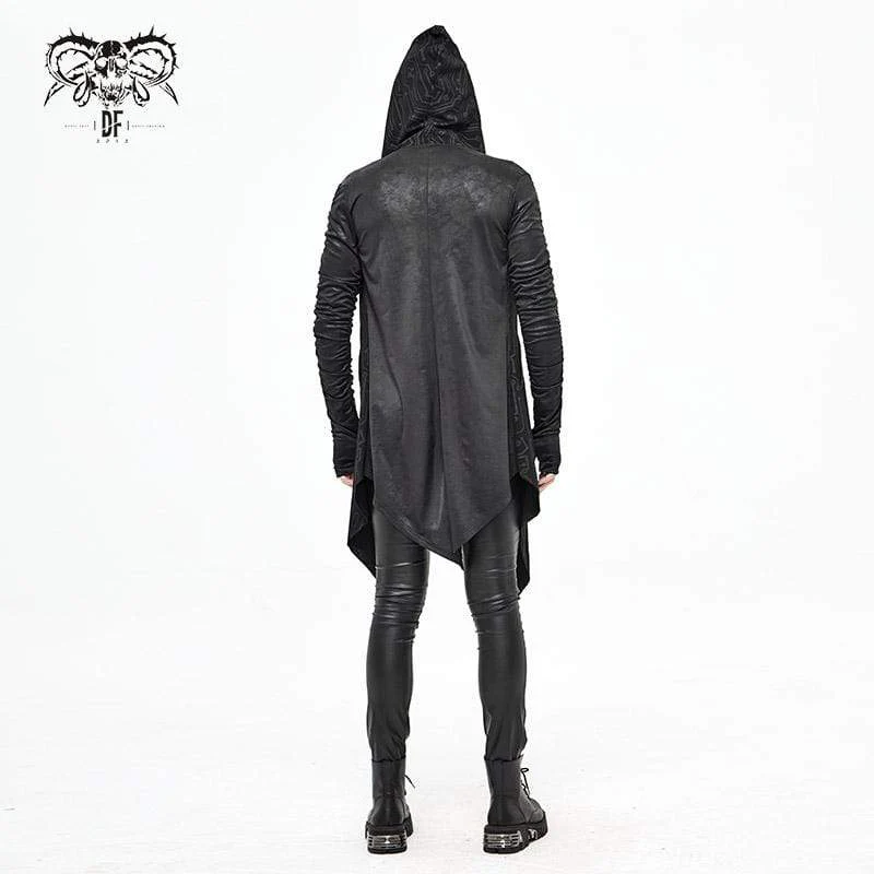 Men's Gothic Irregular Ruched Black Long Jacket with Hood - Image 5