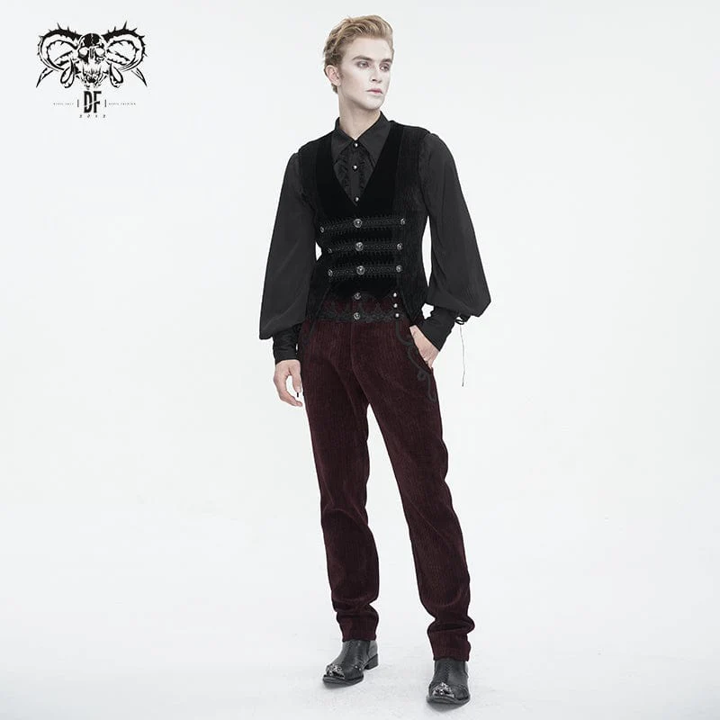 Men's Gothic Irregular Velvet Splice Corduroy Waistcoat Black - Image 6