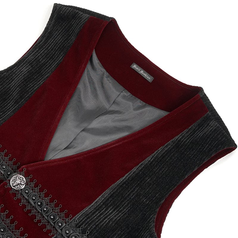 Men's Gothic Irregular Velvet Splice Corduroy Waistcoat Red - Image 10