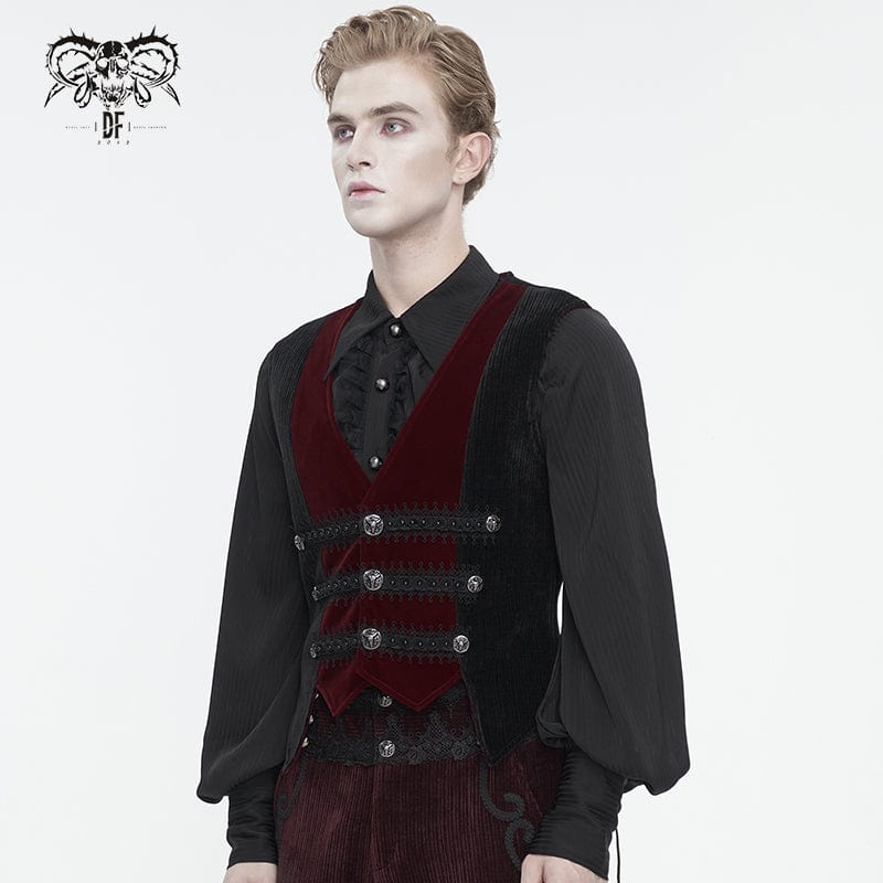 Men's Gothic Irregular Velvet Splice Corduroy Waistcoat Red - Image 3