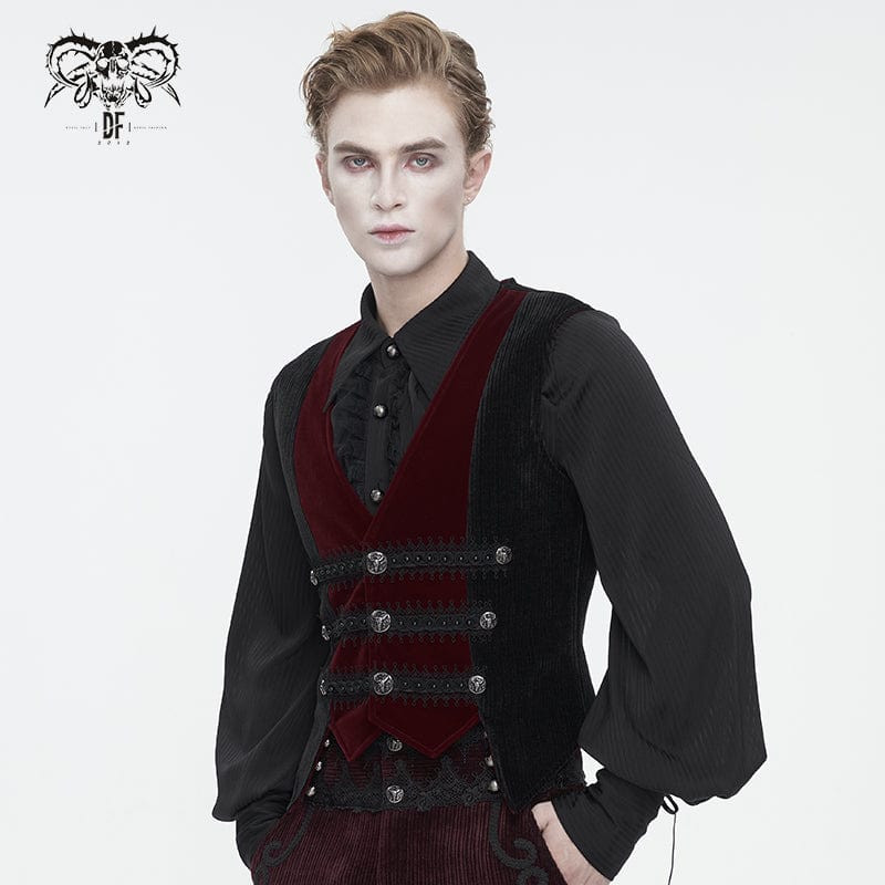 Men's Gothic Irregular Velvet Splice Corduroy Waistcoat Red - Image 4