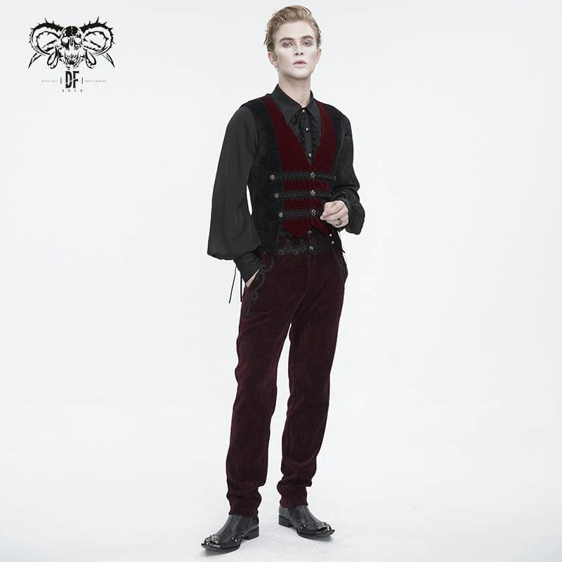 Men's Gothic Irregular Velvet Splice Corduroy Waistcoat Red - Image 6