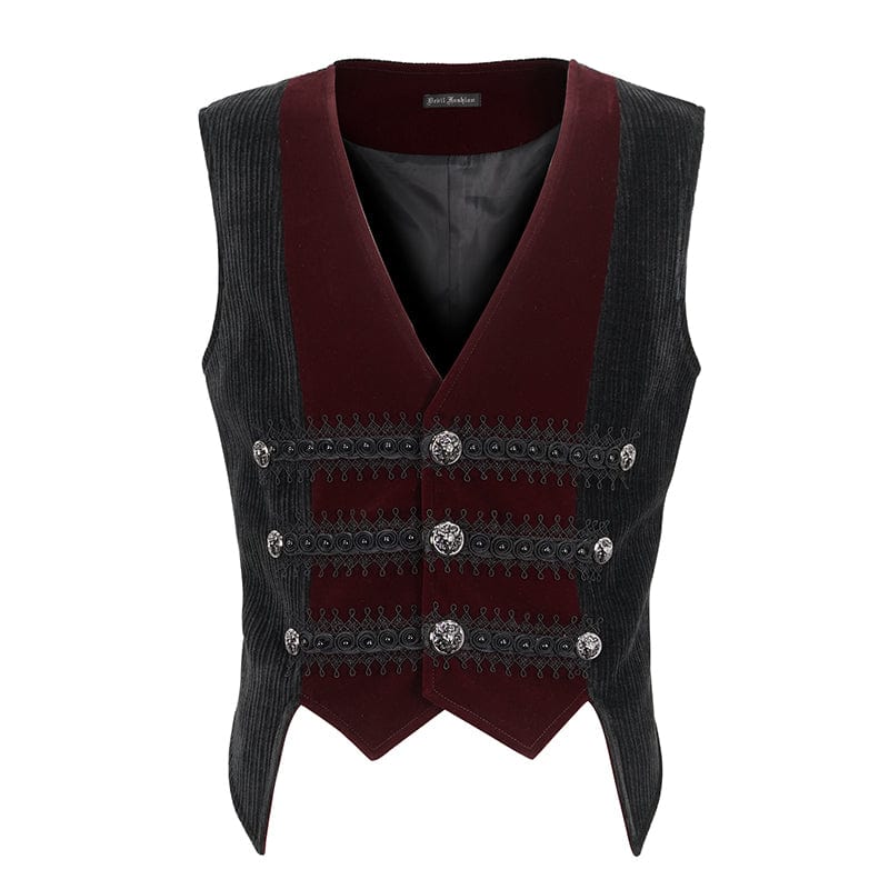 Men's Gothic Irregular Velvet Splice Corduroy Waistcoat Red - Image 7