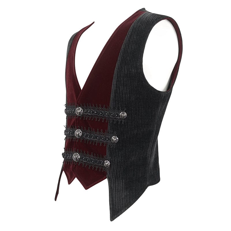 Men's Gothic Irregular Velvet Splice Corduroy Waistcoat Red - Image 8