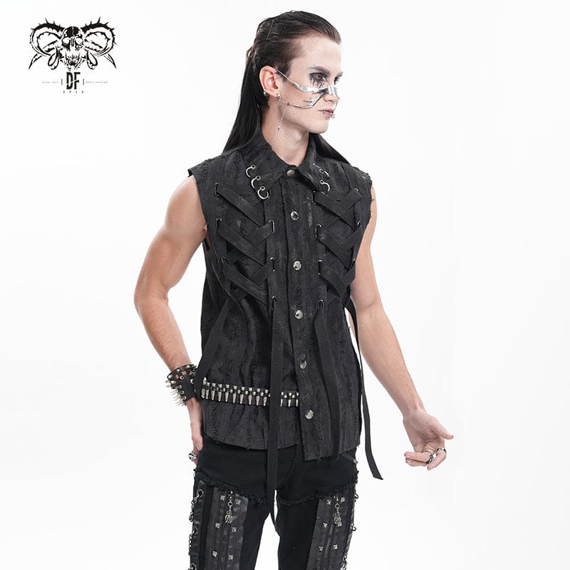 Men's Gothic Lace-up Ripped Ring Vest - Image 3
