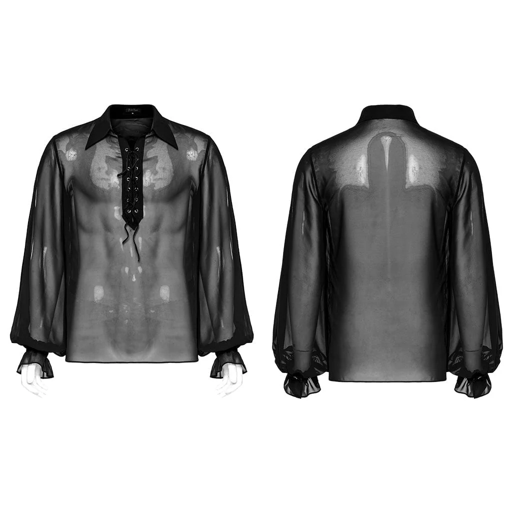 Men's Gothic Lantern Sleeved Lace-up Sheer Chiffon Shirt - Image 5