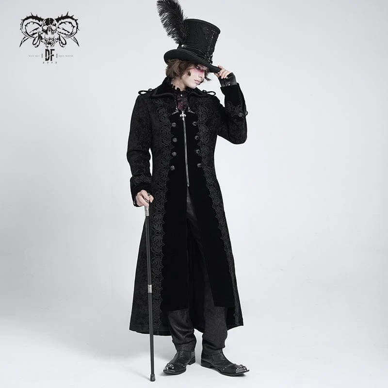 Men's Gothic Lapel Collar Embroidered Velvet Coat Black - Image 3