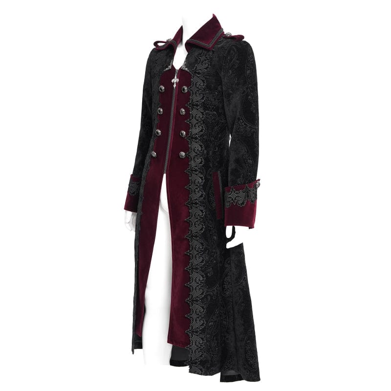 Men's Gothic Lapel Collar Embroidered Velvet Coat Red - Image 7